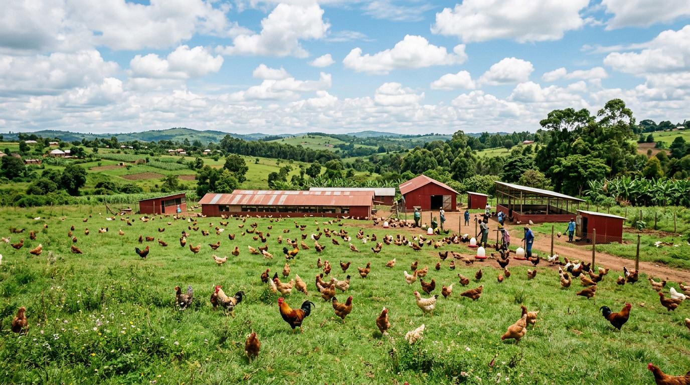 Aerial view of Unified Farm BLM with free-range chickens in Mpigi, Uganda