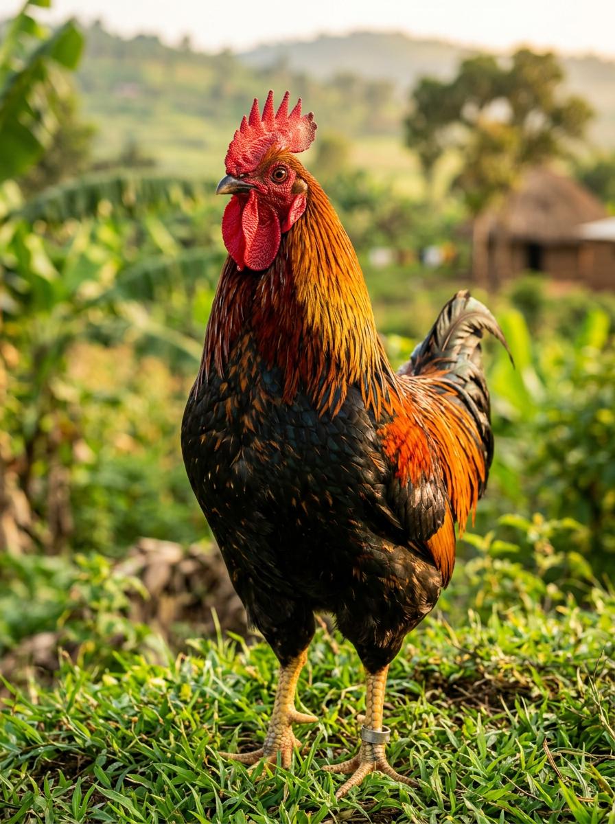 Healthy rooster at Unified Farm BLM in Mpigi, Uganda